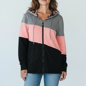 CELLABIE Colorful Colorblock Full zip Hoodie with Floral Accents Size Small NWT